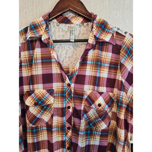 Womens Plus Size Plaid Button-Up Shirt Lace Back Size 2X Pockets - Picture 2 of 15